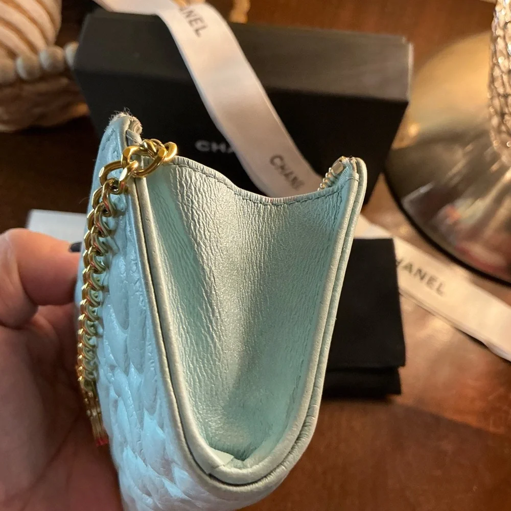 Beautiful Chanel Camellia Coco Mark Coin Case Wallet Light Blue